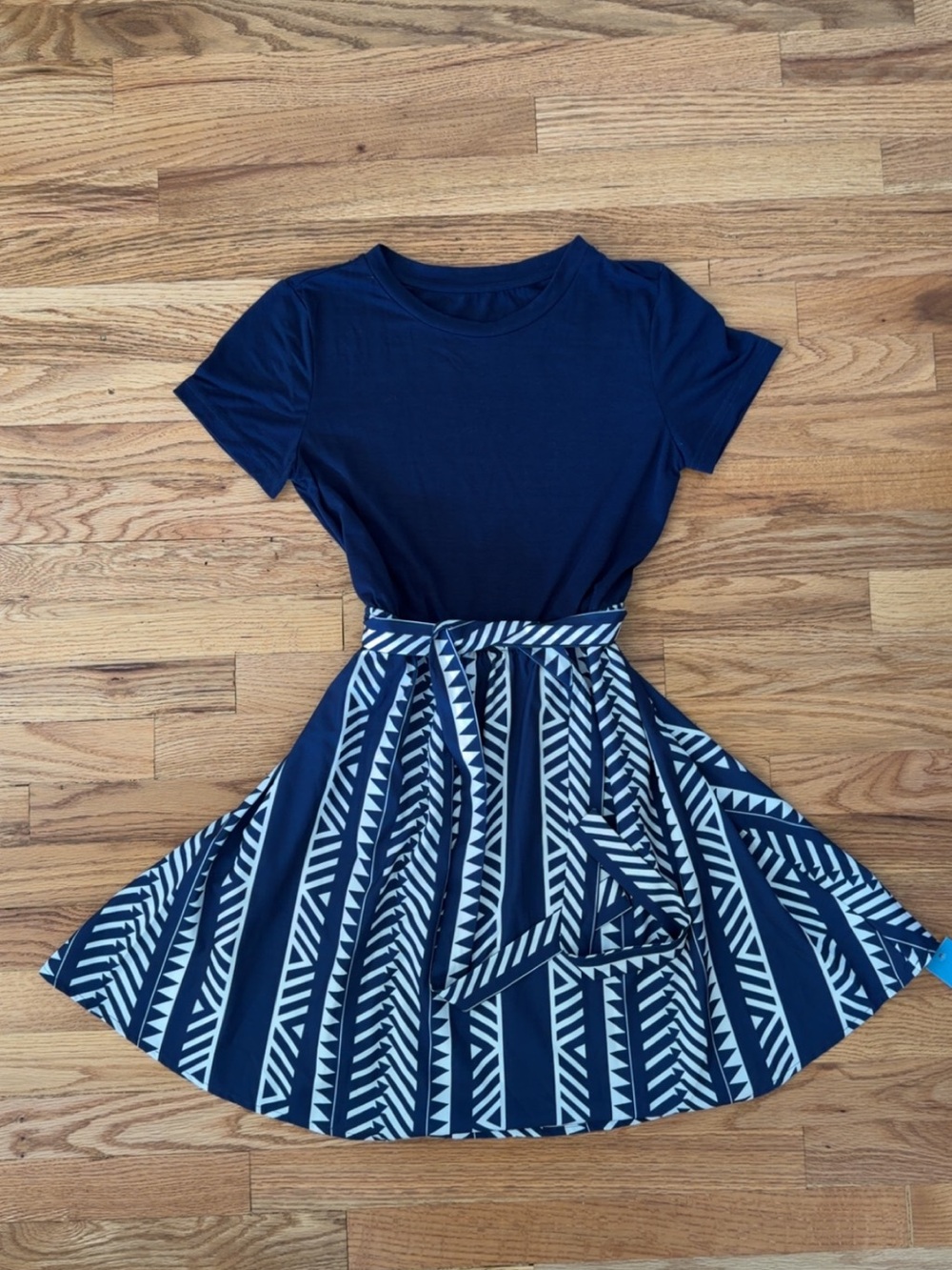 Cupshe Navy Blue and White Mini Dress with Patterned Skirt